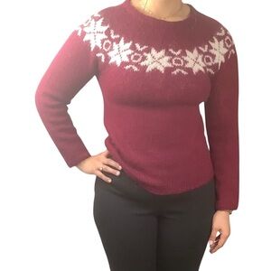 Icelandic Wool Eykt Sweater Snowflakes Women's Sweater Burgandy White Large